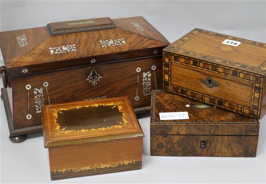 A mother of pearl inlaid tea caddy and three boxes